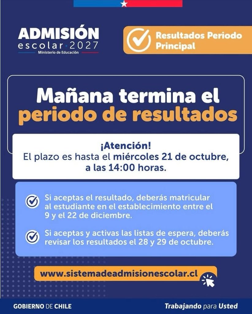 Admisión Escolar 2027: el periodo de resultados termina el 21 de octubre a las 14:00
