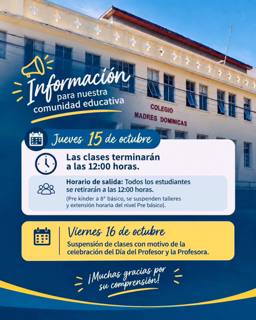 Aviso: salida a las 12:00 el jueves 15 y suspensión de clases el viernes 16 de octubre por el Día del Profesor